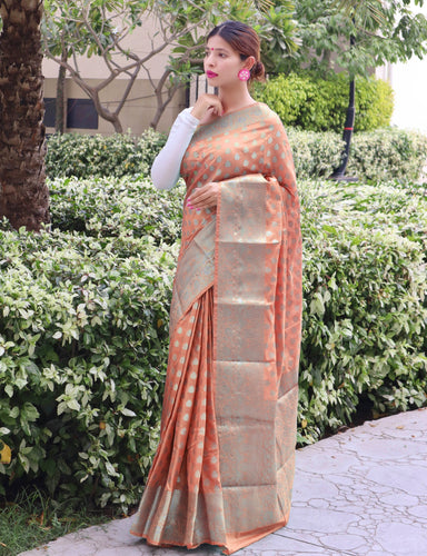 Soft Dola Silk Rose Gold Zari Woven Saree Light Peach Clothsvilla