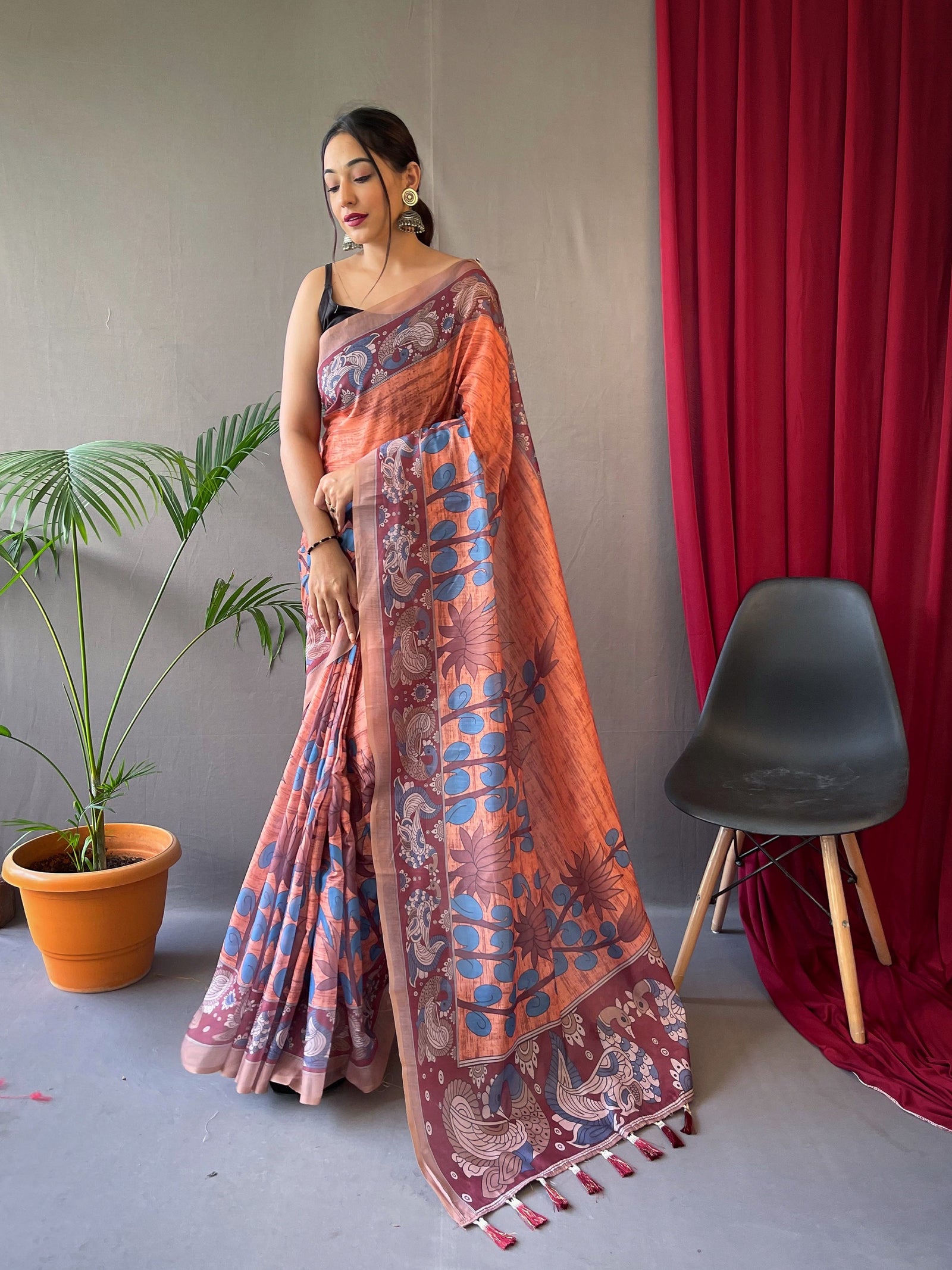 Kalanandi Cotton Kalamkari Printed Saree Dark Peach Clothsvilla