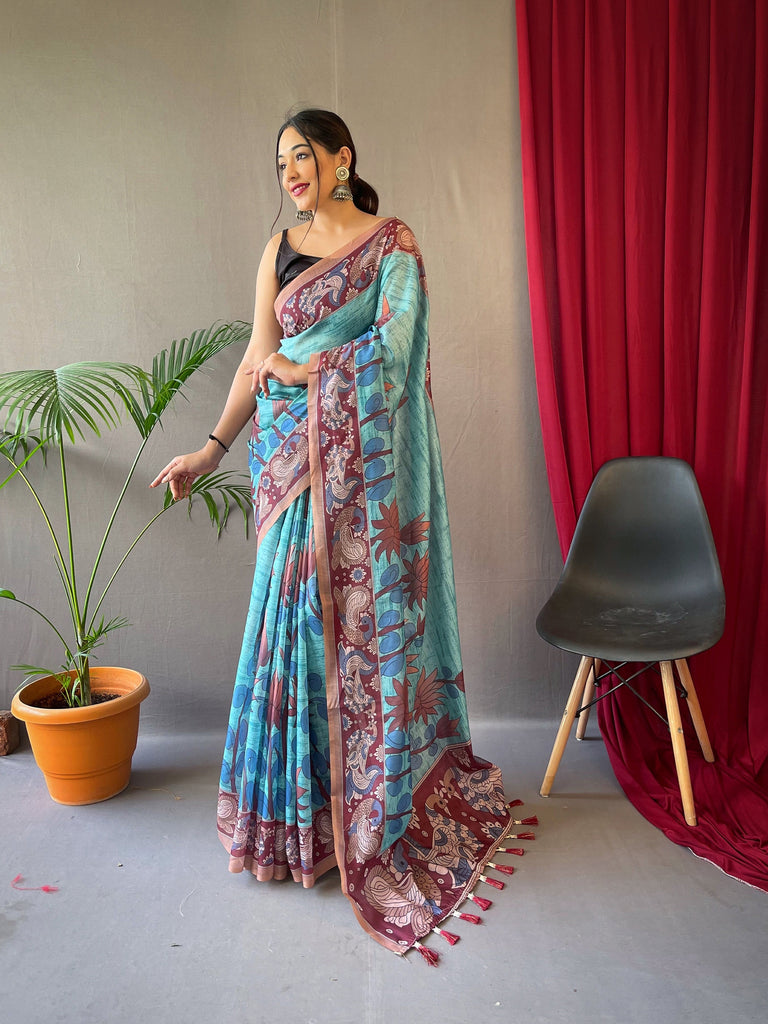 Kalanandi Cotton Kalamkari Printed Saree Blue Clothsvilla