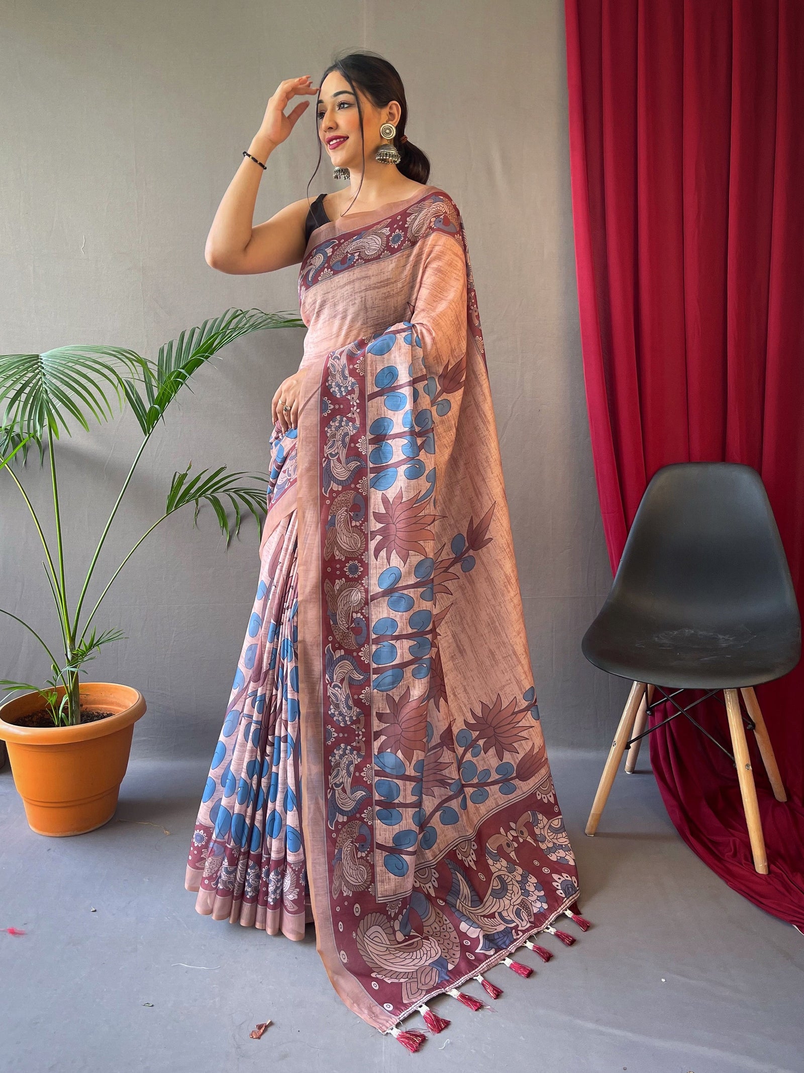 Kalanandi Cotton Kalamkari Printed Saree Light Salmon Clothsvilla