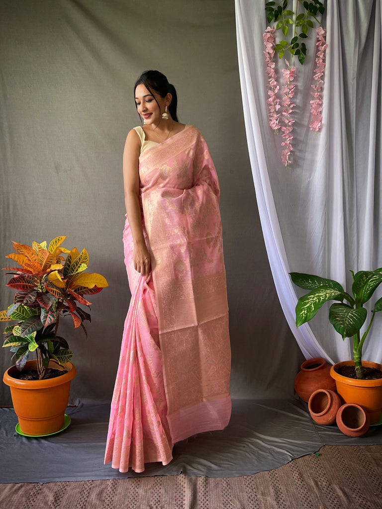 Pure Linen Silk Woven Saree Jaal Pink Clothsvilla