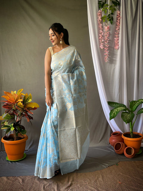 Linen Silk Woven Jaal Pastel Sky Blue Clothsvilla Main image