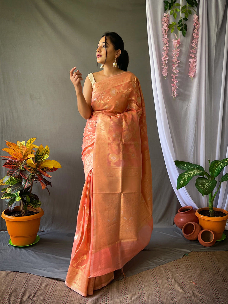 Pure Linen Silk Woven Saree Jaal Peach Clothsvilla