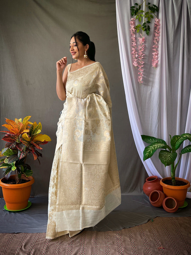 Pure Linen Silk Woven Saree Jaal Ivory Clothsvilla