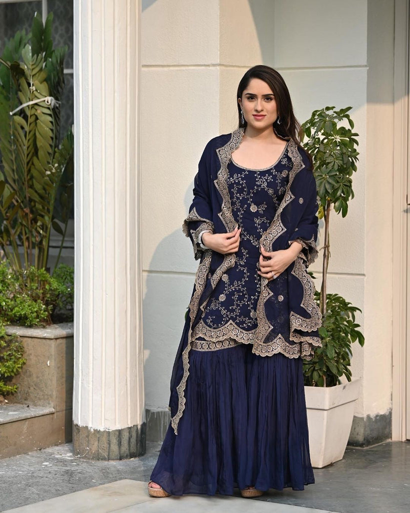 Designer Navy Blue Color Embroidery Sequence Cutwork Sharara Suit Clothsvilla