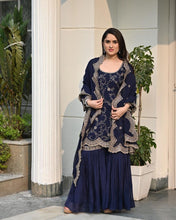 Load image into Gallery viewer, Designer Navy Blue Color Embroidery Sequence Cutwork Sharara Suit Clothsvilla