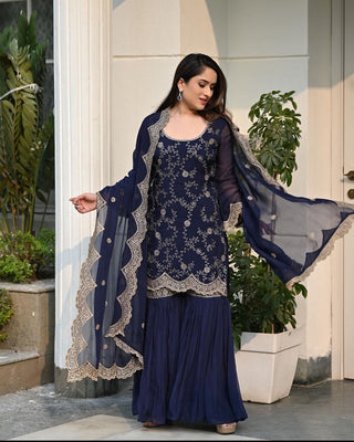 Designer Navy Blue Color Embroidery Sequence Cutwork Sharara Suit Clothsvilla