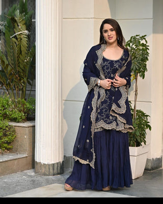 Designer Navy Blue Color Embroidery Sequence Cutwork Sharara Suit Clothsvilla
