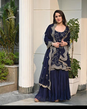 Load image into Gallery viewer, Designer Navy Blue Color Embroidery Sequence Cutwork Sharara Suit Clothsvilla