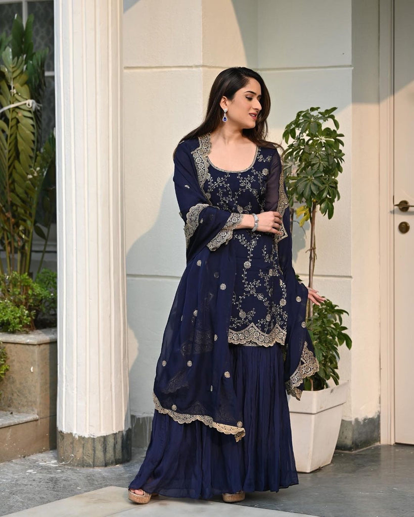 Designer Navy Blue Color Embroidery Sequence Cutwork Sharara Suit Clothsvilla