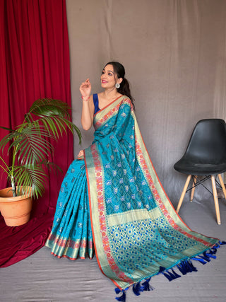 Kutch Patola Silk Woven Saree Mustard Pacific Blue Clothsvilla