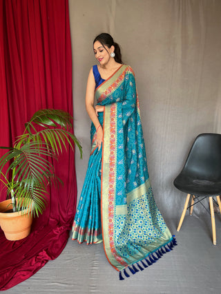 Kutch Patola Silk Woven Saree Mustard Pacific Blue Clothsvilla