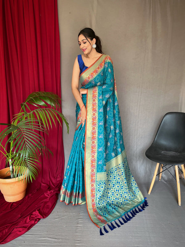 Kutch Patola Silk Woven Saree Mustard Pacific Blue Clothsvilla