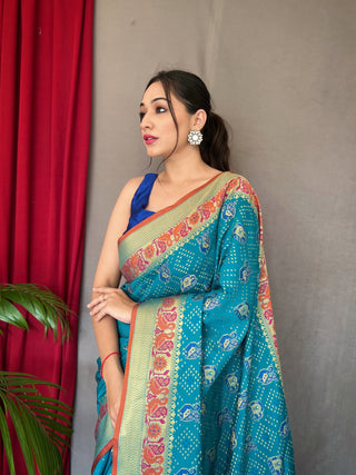 Kutch Patola Silk Woven Saree Mustard Pacific Blue Clothsvilla