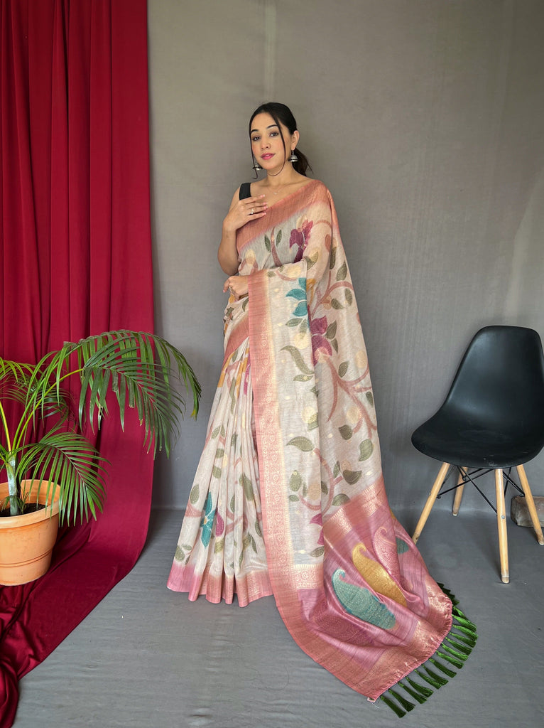 Pink Saree In Pure Chanderi Banarasi Silk Clothsvilla