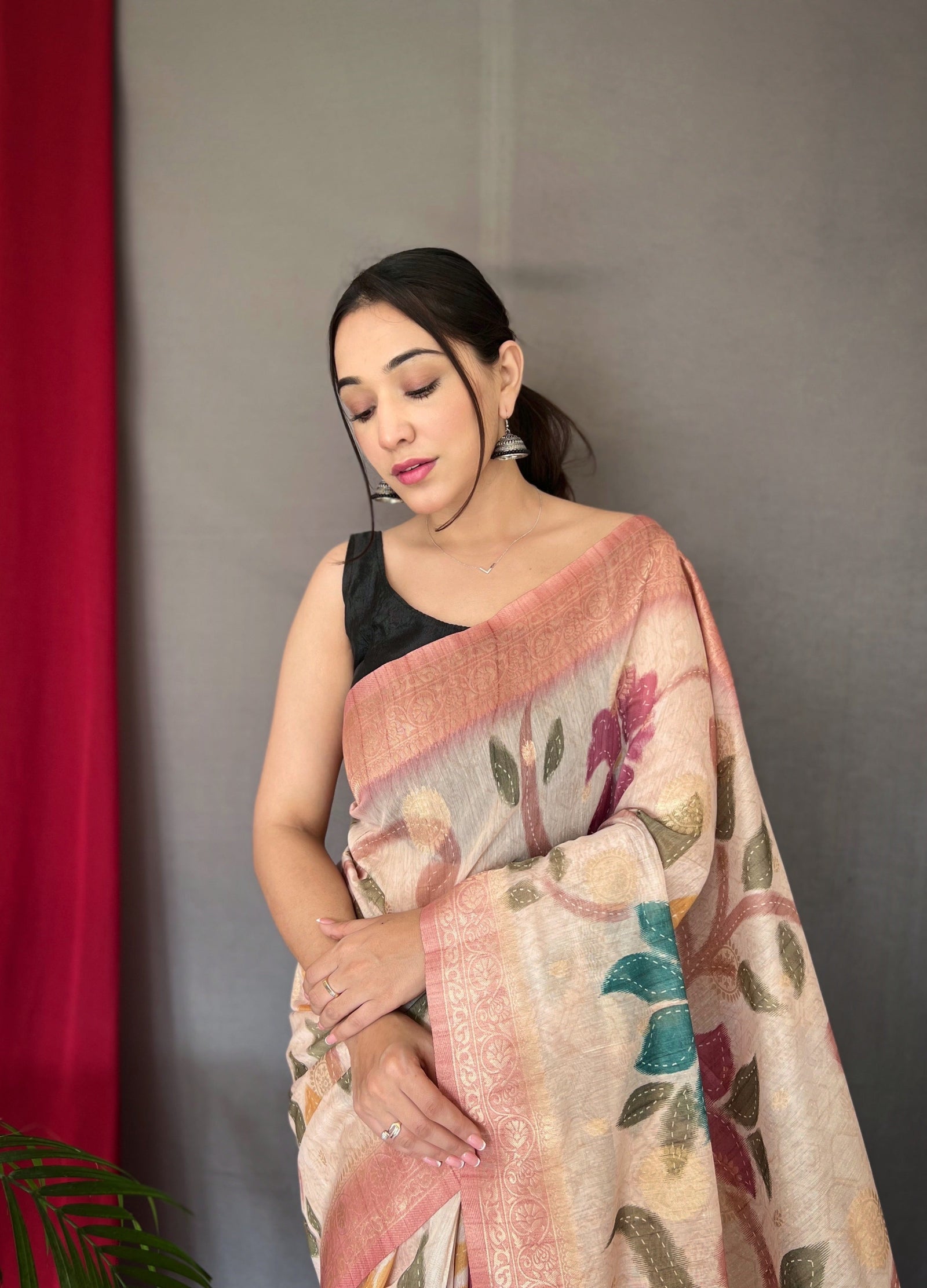 Pink Saree In Pure Chanderi Banarasi Silk Clothsvilla