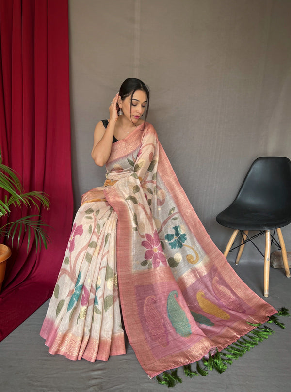 Pink Saree In Pure Chanderi Banarasi Silk Clothsvilla