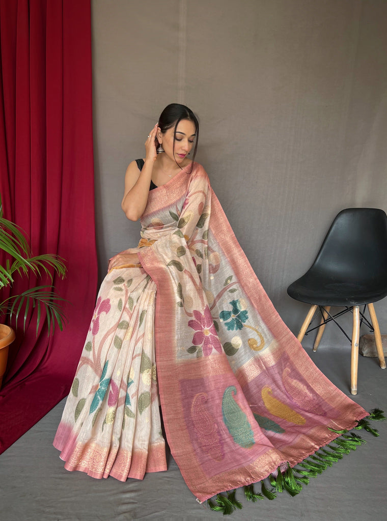 Pink Saree In Pure Chanderi Banarasi Silk Clothsvilla