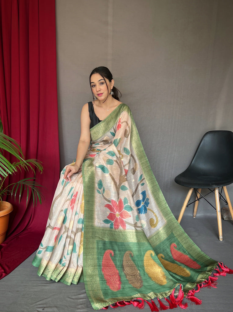 Green Saree in Pure Chanderi Banarasi Silk Clothsvilla