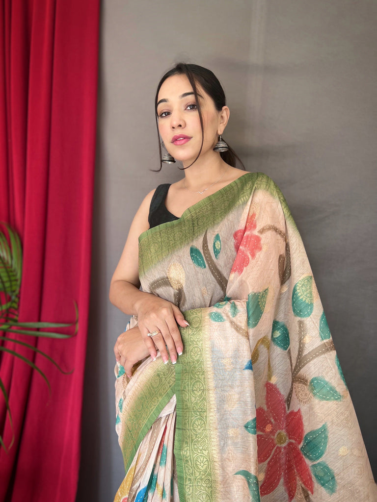 Green Saree in Pure Chanderi Banarasi Silk Clothsvilla