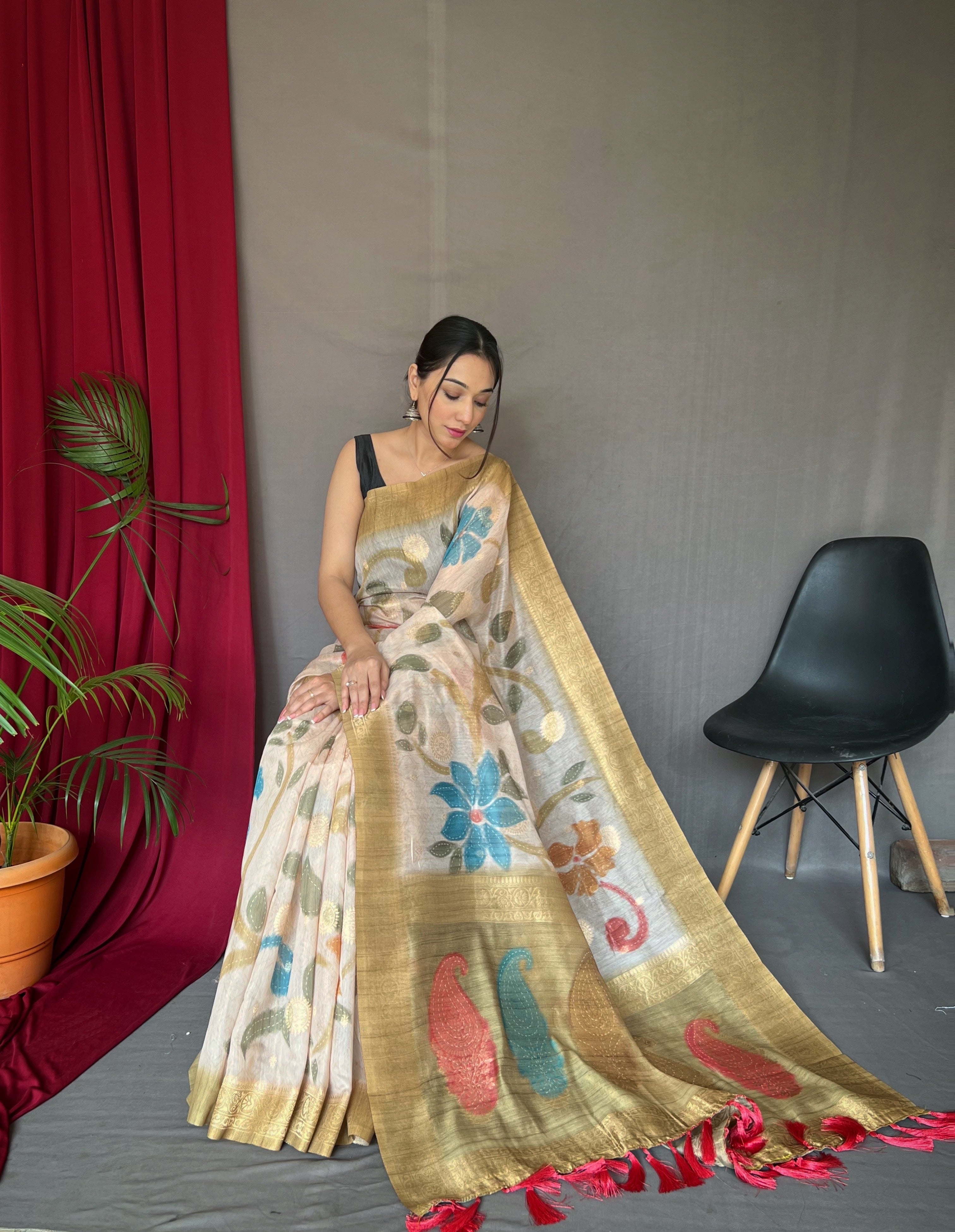 Yellow Gold Saree in Pure Chanderi Banarasi Silk Clothsvilla