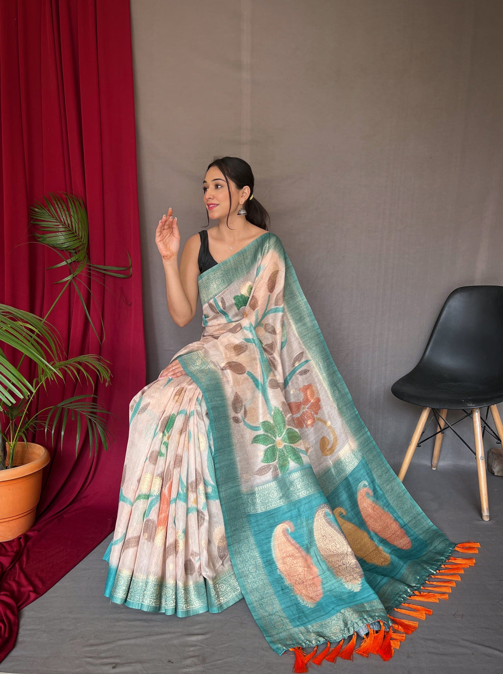 Powder Blue Saree in Pure Chanderi Banarasi Silk Clothsvilla