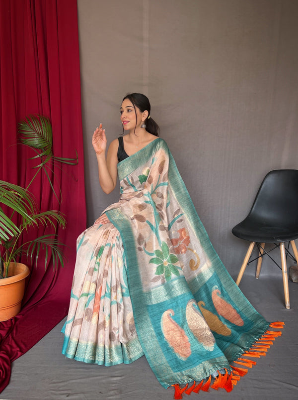 Powder Blue Saree in Pure Chanderi Banarasi Silk Clothsvilla