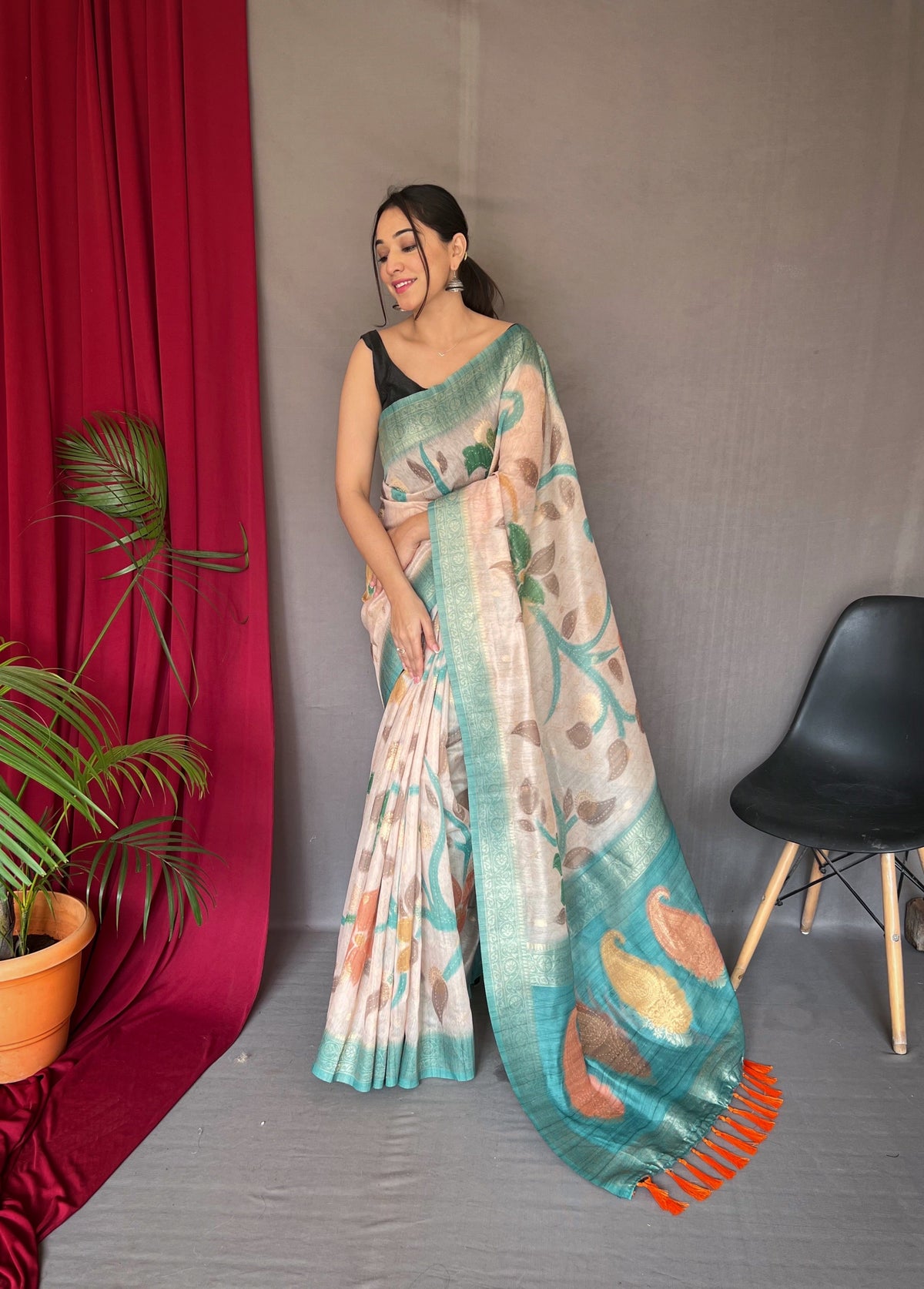 Powder Blue Saree in Pure Chanderi Banarasi Silk Clothsvilla Main image