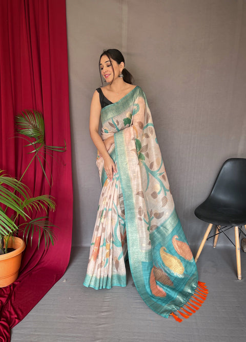 Powder Blue Saree in Pure Chanderi Banarasi Silk Clothsvilla Main image