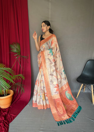 Peach Saree in Pure Chanderi Banarasi Silk Clothsvilla