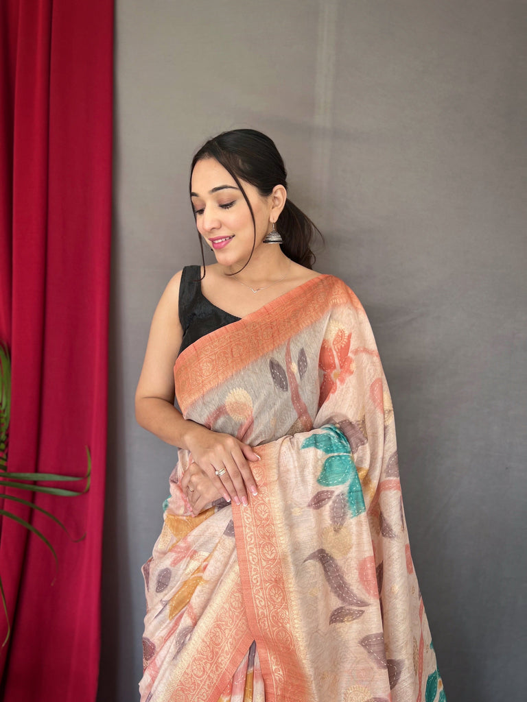 Peach Saree in Pure Chanderi Banarasi Silk Clothsvilla
