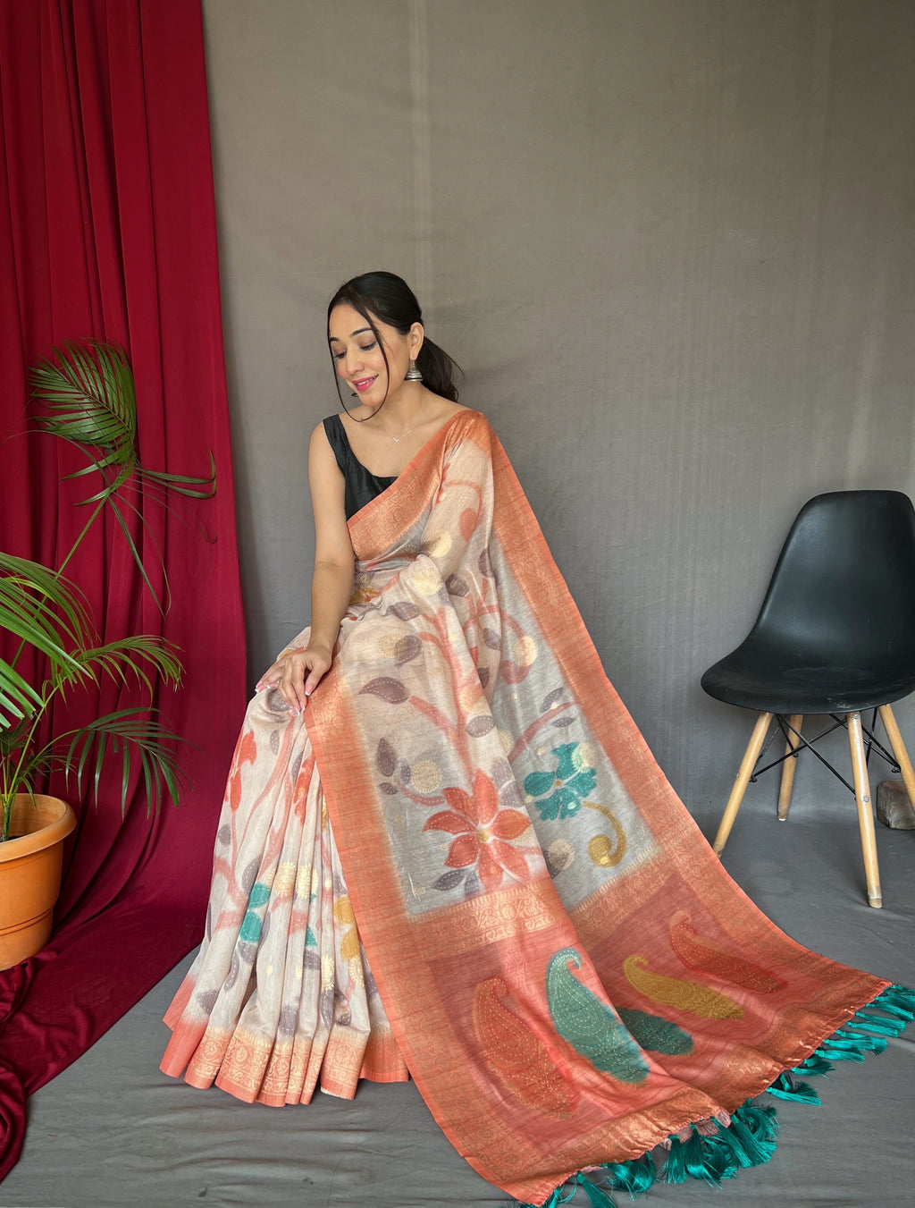 Peach Saree in Pure Chanderi Banarasi Silk Clothsvilla