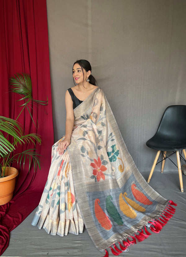 Silver Grey Saree in Pure Chanderi Banarasi Silk Clothsvilla