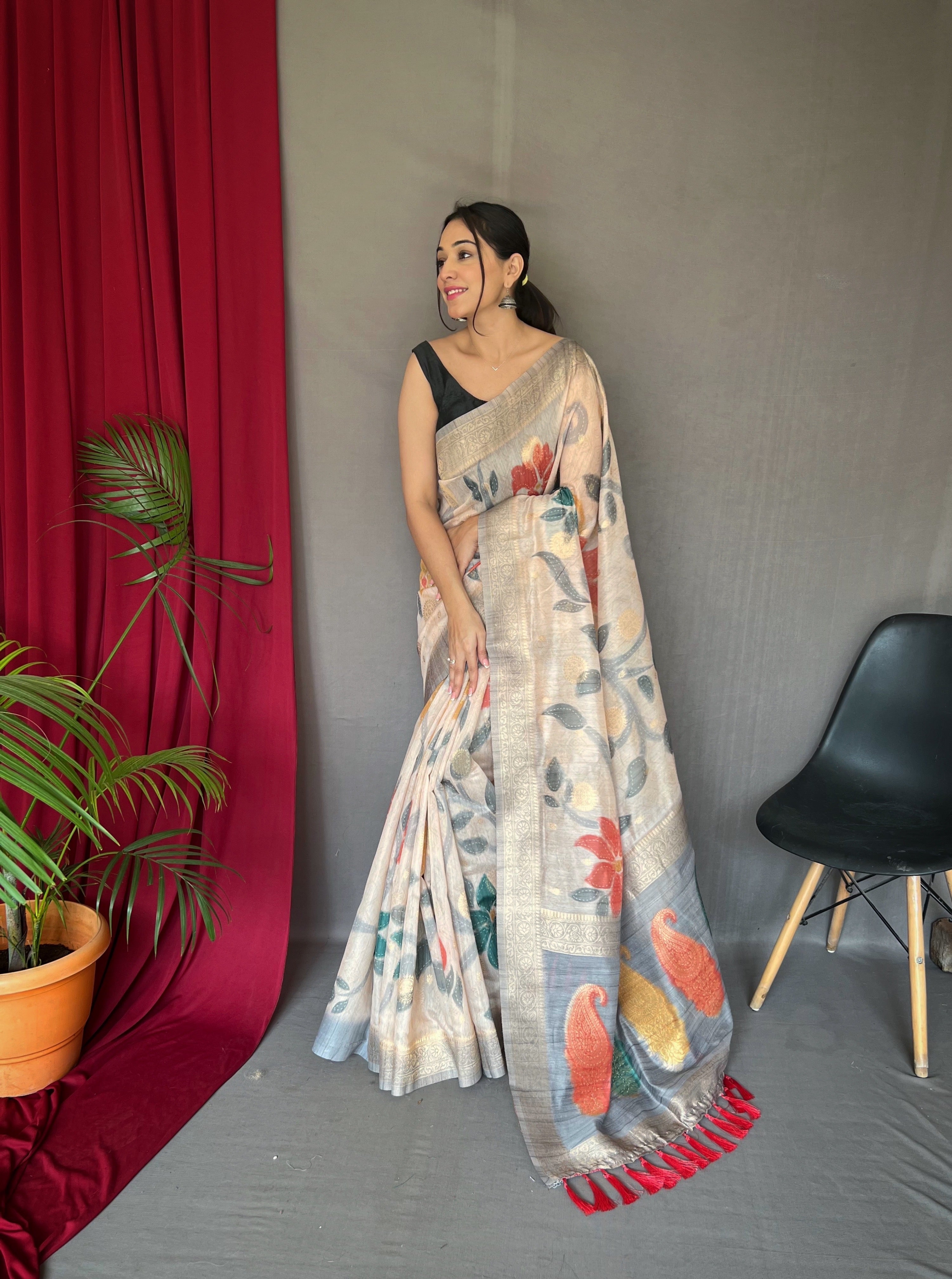 Silver Grey Saree in Pure Chanderi Banarasi Silk Clothsvilla