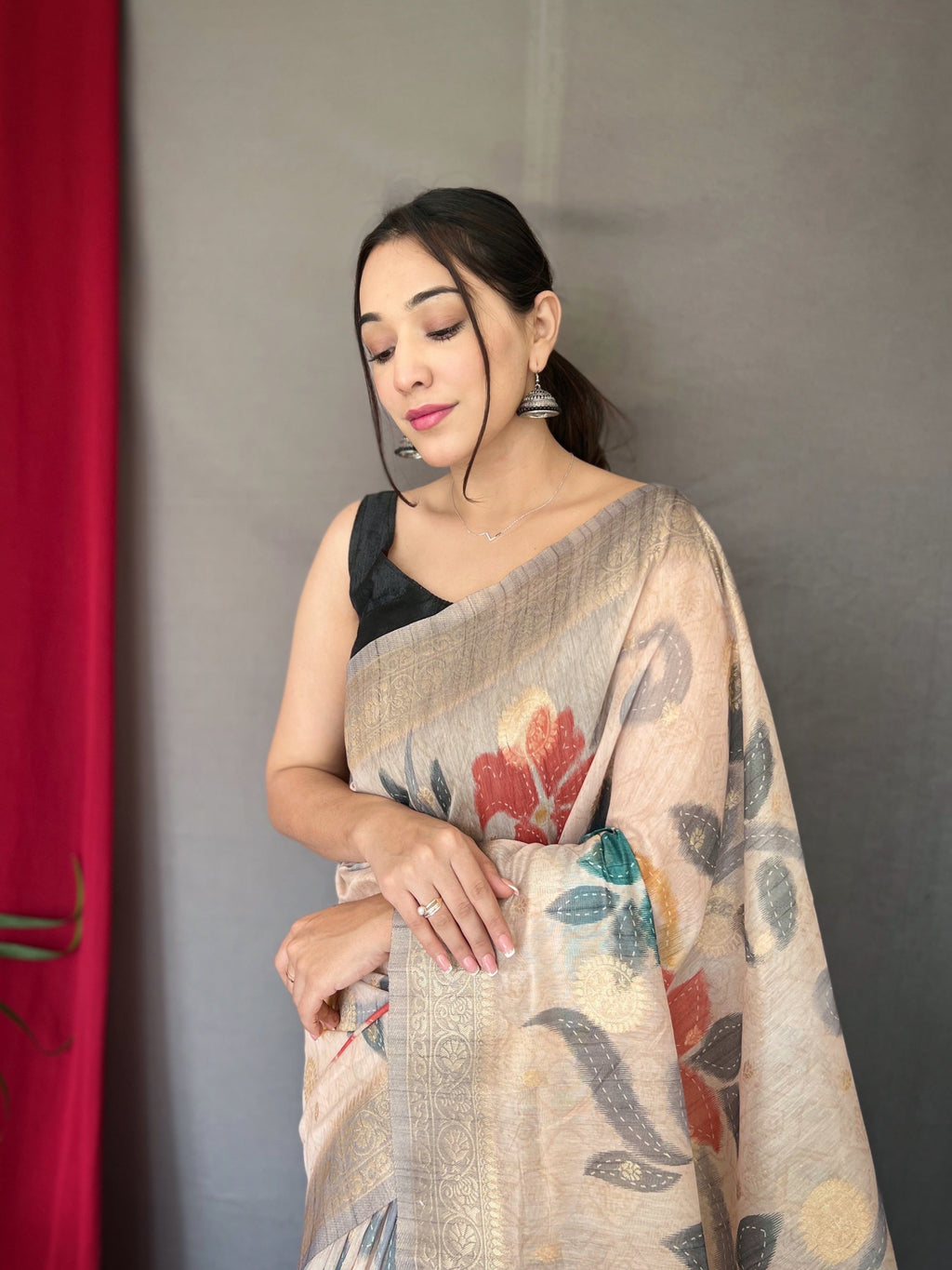 Silver Grey Saree in Pure Chanderi Banarasi Silk Clothsvilla