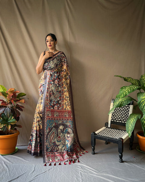Cotton Kalamkari Printed Saree Chickoo Clothsvilla Main image