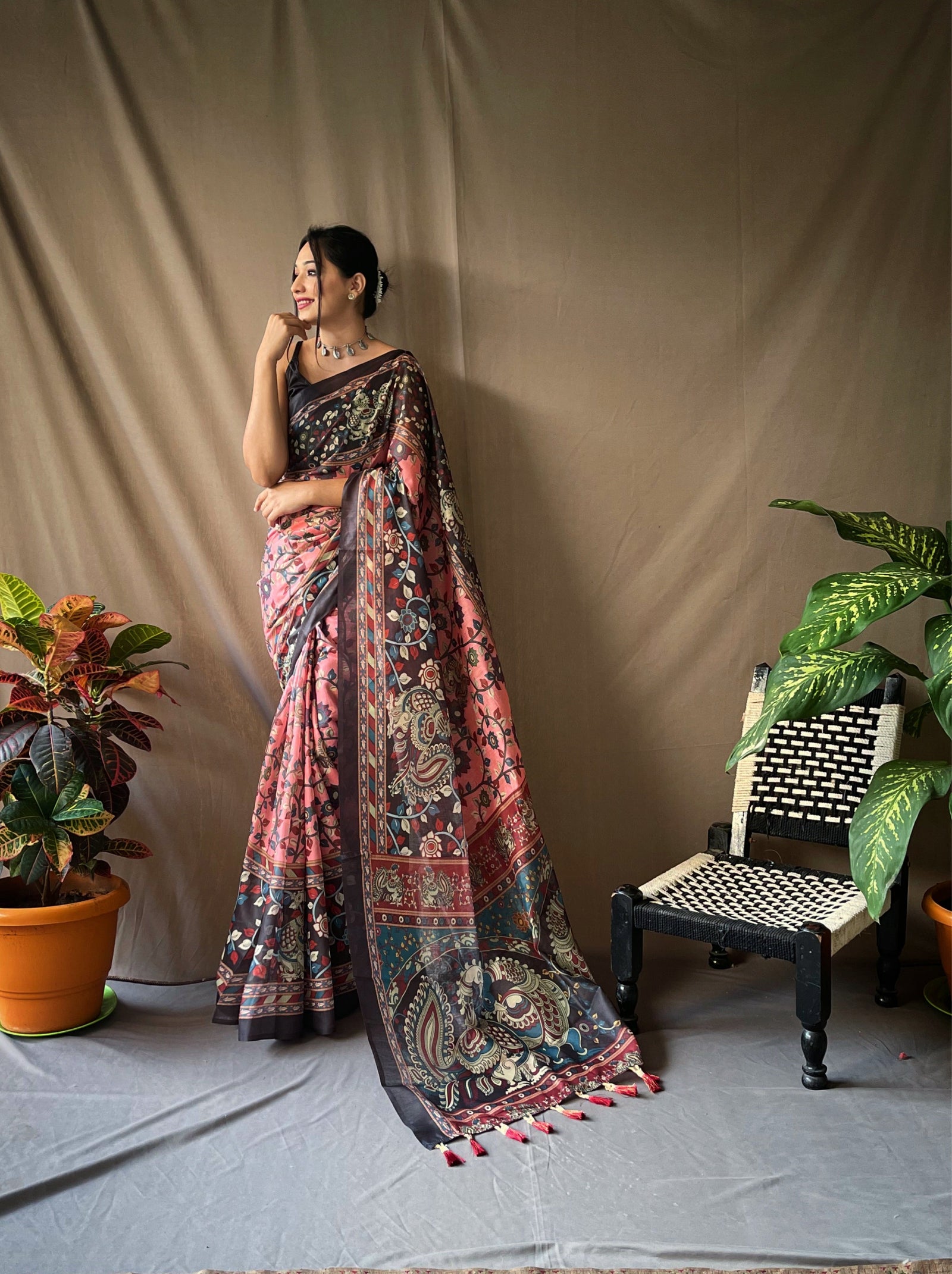 Cotton Kalamkari Printed Saree Dusty Pink Clothsvilla