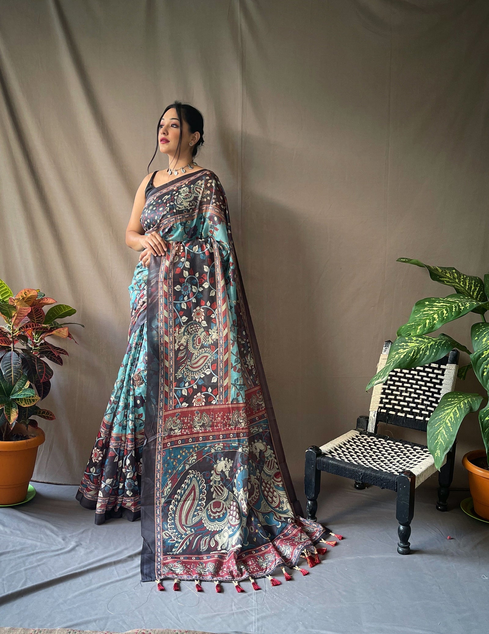 Cotton Kalamkari Printed Saree Blue Clothsvilla