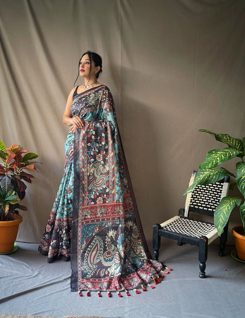 Cotton Kalamkari Printed Saree Blue Clothsvilla Main image