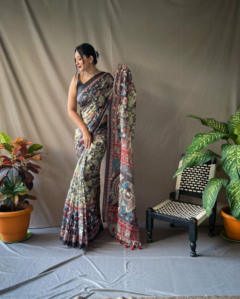 Cotton Kalamkari Printed Saree Thistle Green Clothsvilla Main image