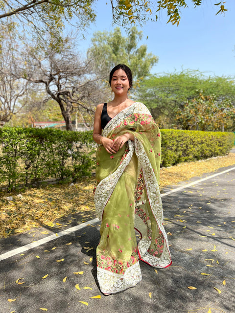 Organza Lucknowi Chikankari Multicolor Viscose Work Saree Greenish Beige Clothsvilla Main image