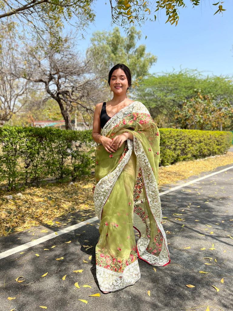 Organza Lucknowi Chikankari Multicolor Viscose Work Saree Greenish Beige Clothsvilla