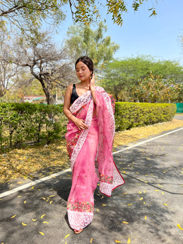Organza Lucknowi Chikankari Multicolor Viscose Work Saree Pink Clothsvilla