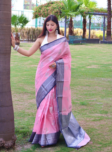 Linen Contrast Woven Saree Powder Pink Clothsvilla Main image