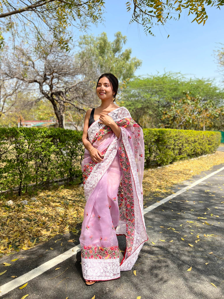 Organza Lucknowi Chikankari Multicolor Viscose Work Saree Lavender Clothsvilla