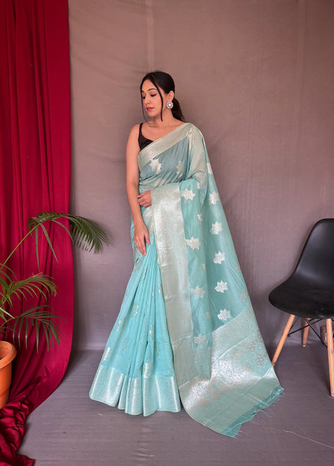 Saanvi Cotton Rose Gold Woven Saree Sky Blue Clothsvilla Main image