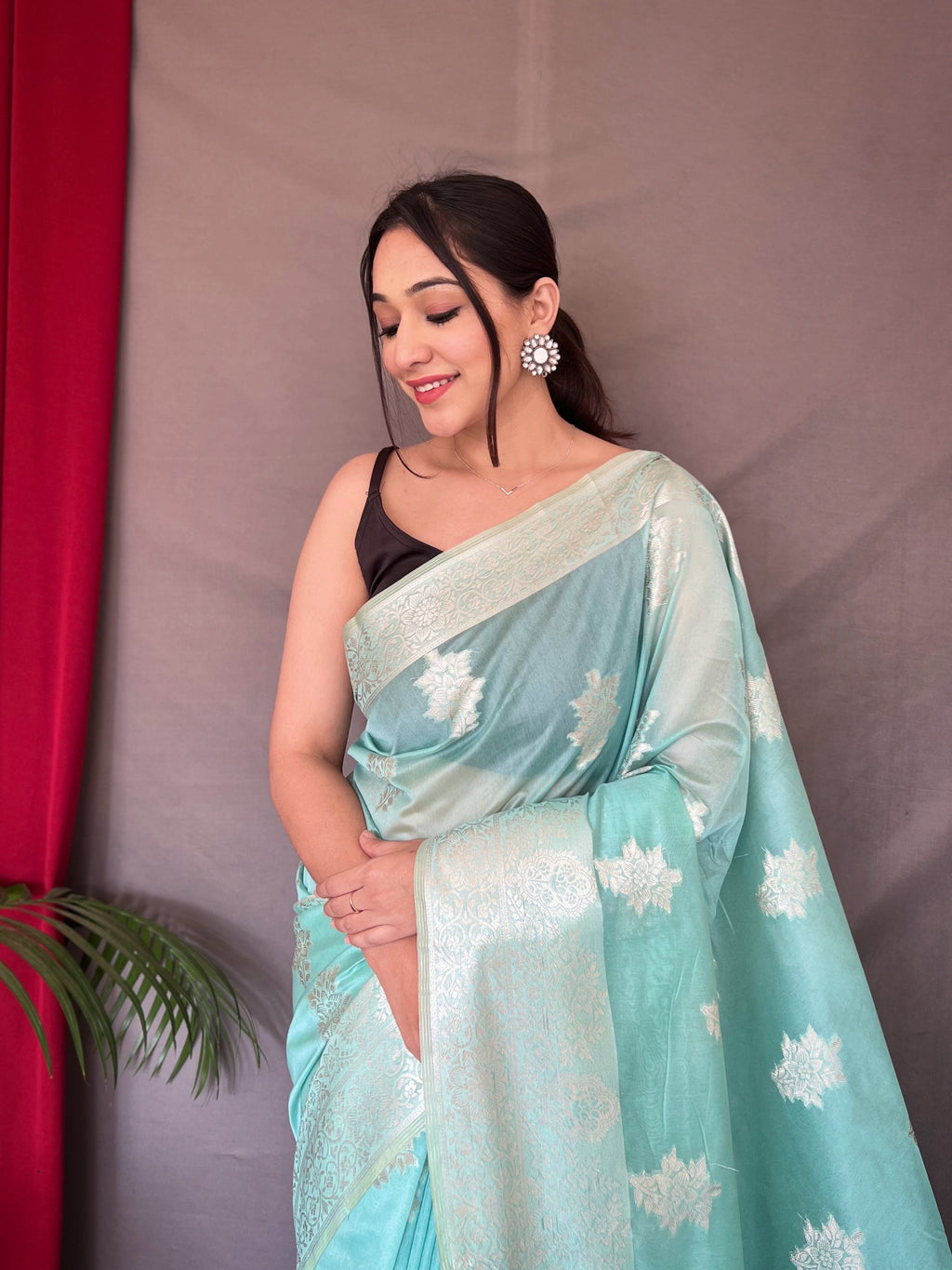 Saanvi Cotton Rose Gold Woven Saree Sky Blue Clothsvilla