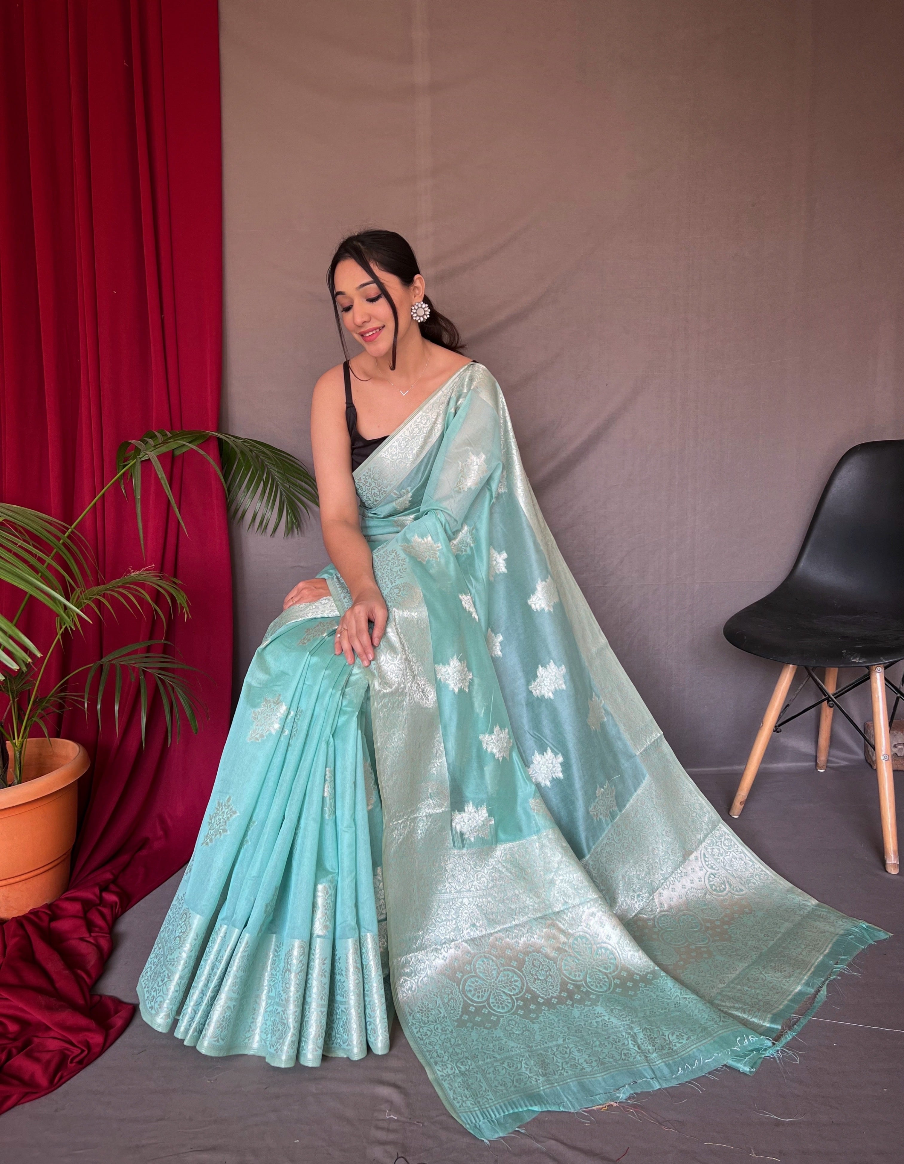 Saanvi Cotton Rose Gold Woven Saree Sky Blue Clothsvilla