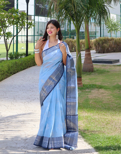 Linen Contrast Woven Saree Pastel Blue Clothsvilla Main image