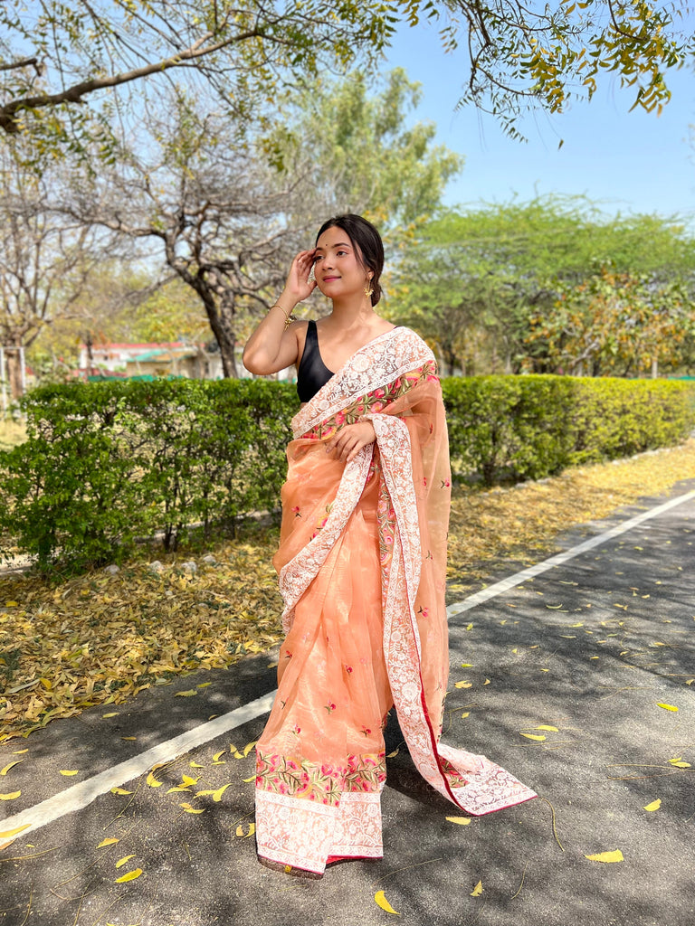 Organza Lucknowi Chikankari Multicolor Viscose Work Saree Peach Clothsvilla